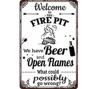 ICRAEZY Welcome to The Fire Pit Sign Open Flames Backyard Outdoor Camping Funny Vintage Metal Tin Sign Retro Home Cabin Outside Wall Decor Firepit Camper Car for Outside Decor 8x12inch