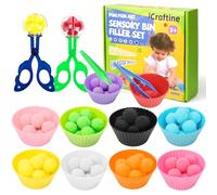 iCraftine 114 PCS Fine Motor Skills Sensory Bin Filler Includes 10 Sorting Bowls, 100 Pom Poms, 2 Tweezers, 2 Scooper Scissors for Kids Early Education, Counting Sorting Training Development