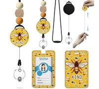 Icycay Lanyards for Id Badges, Bee Kind ID Badge Holder with Silicone Beaded Lanyard Badge Reel Retractable Clip, Cute Lanyard with ID Holder Retractable Keychain Office Gift for Women Nurse Teacher