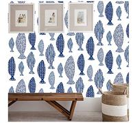 ICYEHAO Peel and Stick Wallpaper, 44.5 x 1000 cm Abstract Underwater World Fish Trellis Indigo Blue Removable Contactpaper for Home Bathroom Decorations