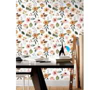 ICYEHAO Pink Floral Wallpaper,44.5 x 1000 cm Orange and Yellow Flower Peel and Stick Wallpaper Green Leaf Plants Wall Paper Self Adhesive Furniture Wrap for Living Room,Bedroom,Bathroom,Cabinets