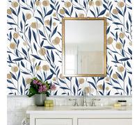 ICYEHAO Self Adhesive Wallpaper Floral, 44 x 1000cm Peel and Stick Wallpaper Floral Navy White Tan Flower Leaves Botanical Boho Self Adhesive Furniture Wrap for Living Room,Bathroom,Cabinets,Kitchen