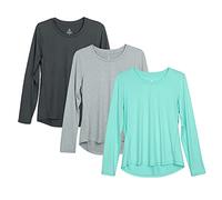 icyzone Long Sleeve Workout Shirts for Women - 3 Pack Athletic T Shirt, Running Exercise Sports Tops (L, Black Melange/Grey/Ice Green)