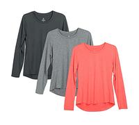 icyzone Long Sleeve Workout Shirts for Women - 3 Pack Athletic T Shirt, Running Exercise Sports Tops (XXL, Black Melange/Charcoal/Coral)