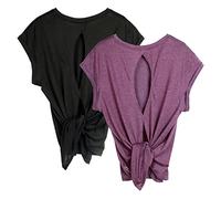 icyzone Open Back Workout Tops for Women - Yoga Shirts Activewear Sports Tops, Pack of 2 (L, Black/Grape)
