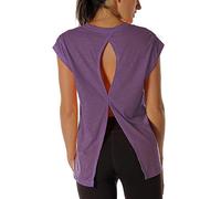 icyzone Open Back Workout Tops for Women - Yoga T-Shirts Activewear Round Neck Sports Tops (L, Grape)