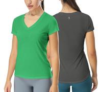 icyzone Women's Workout Shirts - Yoga Tops Activewear Gym Shirts Running Fitness V-Neck T-Shirts(L, Dark Grey/Green)