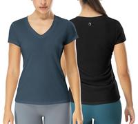 icyzone Women's Workout Shirts - Yoga Tops Activewear Gym Shirts Running Fitness V-Neck T-Shirts(S, Black/True Navy)