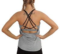 icyzone Women's Workout Tank Tops Built in Bra - Strappy Sports Yoga Tops, Running Exercise Gym Shirts (L, Grey Melange)