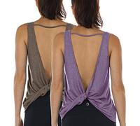 icyzone Womens' Yoga Tops Open Back Workout Tank Tops Loose fit Sleeveless Athletic Gym Shirts (Pack of 2) (L, Mushroom*/Lavender*)