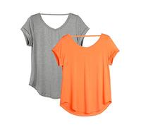 icyzone Yoga T-Shirts for Women Open Back - Workout Tops Short Sleeves Shirts Loose fit, 2 Pack (XL, Grey/Orange)