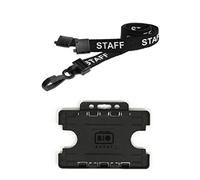 ID Badge Card Pass Name Holder Double Sided for two credit card sized cards and 15mm Staff Neck Strap Lanyard with Safety Breakaway and Plastic Clip for Work, School, Office Accessories, Nurses -Black