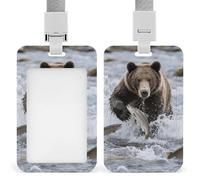 ID Badge Holder - Bear Catching Fish Retractable Badge Reel, Vertical Card Name Tag Holder with Breakaway Lanyard, ID Cards Holders Case for Nurse Security Staff Women Men