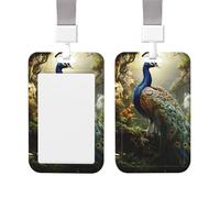 ID Badge Holder Clear Plastic Card Holder Peacock on the Tree Badge Holder Vertical Name Badge Protector Waterproof Card Sleeve with Lanyard Name Tag Card Holder for Work Office Nurse Doctor