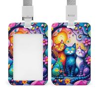 ID Badge Holder Colorful Cat Illustrations Vertical Badge Reel Clip with Lanyard Durable Card Protector for Office, Nurses, Employees, Secure Reel Keychain for Access Passes, Work Cards