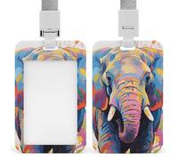 ID Badge Holder Colorful Elephant Painting Vertical Badge Reel Clip with Lanyard Durable Card Protector for Office, Nurses, Employees, Secure Reel Keychain for Access Passes, Work Cards