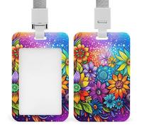 ID Badge Holder Colorful Hand-Painted Flowers Vertical Badge Reel Clip with Lanyard Durable Card Protector for Office, Nurses, Employees, Secure Reel Keychain for Access Passes, Work Cards