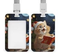 ID Badge Holder Cute Cat Sing Christmas Carols ID Card Holder with Lanyard for Office Passes Credit Cards