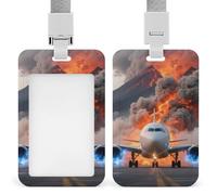 ID Badge Holder - Passenger Plane Under Volcanic Eruption Retractable Badge Reel, Vertical Card Name Tag Holder with Breakaway Lanyard, ID Cards Holders Case for Nurse Security Staff Women Men