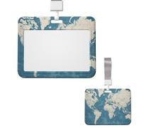 Id Badge Holder Plastic Card Case Protector Vertical Badge Reel Blue Map of The World Badge Holders Id Card Holder with Lanyard Name Tags Key Cards Work Badge Clip for Nurse Teacher Office