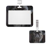 Id Badge Holder Plastic Card Case Protector Vertical Badge Reel Cute Black Pug Dog Badge Holders Id Card Holder with Lanyard Name Tags Key Cards Work Badge Clip for Nurse Teacher Office