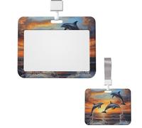 Id Badge Holder Plastic Card Case Protector Vertical Badge Reel Dolphins At Sunset Badge Holders Id Card Holder with Lanyard Name Tags Key Cards Work Badge Clip for Nurse Teacher Office
