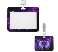 Id Badge Holder Plastic Card Case Protector Vertical Badge Reel Purple Butterfly Badge Holders Id Card Holder with Lanyard Name Tags Key Cards Work Badge Clip for Nurse Teacher Office