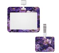 Id Badge Holder Plastic Card Case Protector Vertical Badge Reel Purple Floral Badge Holders Id Card Holder with Lanyard Name Tags Key Cards Work Badge Clip for Nurse Teacher Office