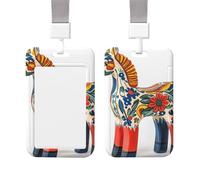 ID Badge Holder Plastic Card Case Protector Vertical ID Card Holder with Lanyard Runner Swedish Dala Horse Folk Badge Holders Name Tags Key Cards Work Badge Clip for Nurse Teacher Office Credit Cards
