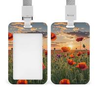 ID Badge Holder Red Poppy Flower Field in Sunset ID Card Holder with Lanyard for Office Passes Credit Cards