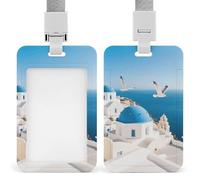 ID Badge Holder Santorini Greek Island Vertical Badge Reel Clip with Lanyard Durable Card Protector for Office, Nurses, Employees, Secure Reel Keychain for Access Passes, Work Cards
