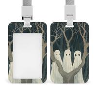 ID Badge Holder Vertical Plastic Card Case Protector Three White Ghosts Badge Holder with Lanyard ID Card Holder Waterproof Name Tag Holder Badge Reel Work Badge Sleeve for Office Staff Employees