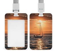 Id Badge Holder Vertical Waterproof Sunset Seascape Sailboat Floating Id Card Protector with Breakaway Lanyard Clear Card Holders Cute Name Tag Holder for Nurse Medical Teacher Office Gifts