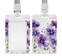 ID Badge Holder Watercolor Purple Flowers ID Card Holder with Lanyard for Office Passes Credit Cards