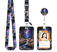 ID Badge Holder with Adjustable Lanyard, Soft Fiber Neck Strap & Retractable Badge Reel with Sturdy Metal Clip for Key Wallet, Women, Doctors, Students（Mystic Night Forest）