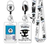 Id Badge Holder with Breakaway Lanyard, Black Cat Badge Reel Retractable Heavy Duty and Detachable Name Tag Clips, I'm Fine Everything is Fine Lanyards for Id Badges, Nurse Teacher Office Gifts