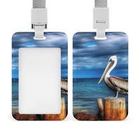 ID Badge Holder with Breakaway Lanyard - Retractable Badge Reels Pelican Bird Blue Sea Sky Vertical Card Name Tag for Nurses, Teachers, Doctors - ID Cards Holder Fits Credit/Id Cards (4.3x2.7in)