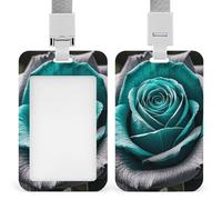 ID Badge Holder with Breakaway Lanyard - Retractable Badge Reels Teal Gray Rose Flower Vertical Card Name Tag for Nurses, Teachers, Doctors - ID Cards Holder Fits Credit/Id Cards (4.3x2.7in)