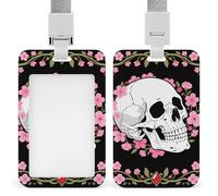 ID Badge Holder with Breakaway Lanyard - Retractable Badge Reels White Skull & Pink Cherry Blossoms Vertical Card Name Tag for Nurses, Teachers, Doctors - ID Cards Holder Fits Credit/Id Cards (4.3x2.7
