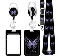 ID Badge Holder with Breakaway Lanyard, Retractable Badge Reels with Belt Clip, Adjustable Id Card Badge Case with Carabiner Clip Heavy Duty for Women Nurse Doctor Teacher Student(Purple Butterfly)