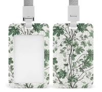 ID Badge Holder with Breakaway Lanyard, Vertical Plastic ID Name Tag, Green Leaves and Vines Badge Holder for Office, Nurse, Teacher