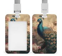 ID Badge Holder with Breakaway Lanyard, Vertical Plastic ID Name Tag, Oriental Peacock Pattern Badge Holder for Office, Nurse, Teacher