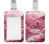 ID Badge Holder with Breakaway Lanyard, Vertical Plastic ID Name Tag, Trees and Mountains Badge Holder for Office, Nurse, Teacher