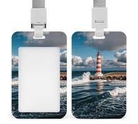 ID Badge Holder with Lanyard and Retractable Badge Reel Clip, Lighthouse Landscape Waves White Clouds Card Name Tag Lanyard Vertical ID Protector Bage Clips for Women Nurse Doctor Teacher