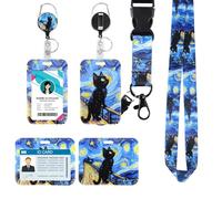 ID Badge Holder with Lanyard - Badge Holder with Neck Strap & Retractable Badge Reel, Lanyard with Card Holder for Office, School, Events - Durable, Secure, Comfortable (Starry Sky cat)