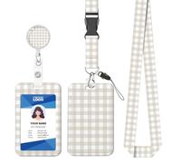 ID Badge Holder with Lanyard, Fashionable ID Card Holders with Retractable Lanyards, Soft Fiber Metal Clip Sturdy Buckle for Key Wallet, Work Nurse Teacher (Beige Sage Gingham)