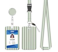 ID Badge Holder with Lanyard, Fashionable ID Card Holders with Retractable Lanyards, Soft Fiber Metal Clip Sturdy Buckle for Key Wallet, Work Nurse Teacher (Green White Stripe)