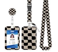 ID Badge Holder with Lanyard, Fashionable ID Card Holders with Retractable Lanyards, Soft Fiber Metal Clip Sturdy Buckle for Key Wallet, Work Nurse Teacher (Black Brown Retro Checker)