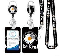 Id Badge Holder with Lanyard, Positive Badge Holder with Reel Retractable Detachable Name Card Tag Vertical ID Protector Badge Reel for Nurse Doctor Office Employees Women (be Kind Daisy)