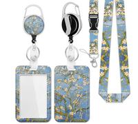 ID Badge Holder with Lanyard, Van Gogh Almond Tree Blossom Retractable Badge Reel with Swivel Belt Clip,Breakaway Lanyard Name Card Tag Vertical ID Protector Badge Clip for Women Nurse Doctor Teacher